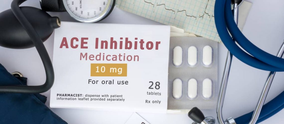 ACE inhibitor drug for blood, for prevention or prophylaxis of vascular diseases of heart or vessel. Packing of pills with inscription "ACE inhibitor medication" on table