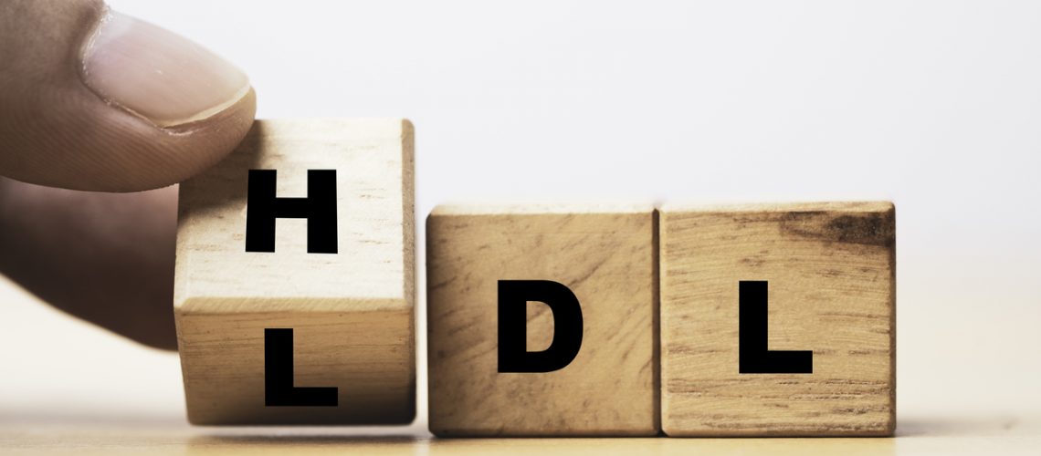 Hand flipping wooden cube block from change LDL to HDL for High is high density lipoprotein and LDL is low density lipoprotein concept.