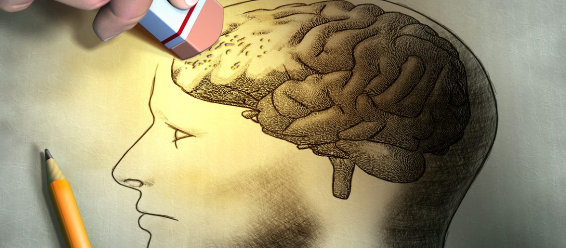 Someone is erasing a drawing of the human brain. Conceptual image relating to dementia and memory loss. Digital illustration.