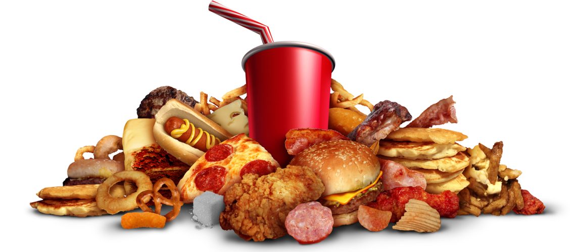 Consuming junk food as fried foods hamburgers soft drinks leading to health risks as obesity and diabetes as fried foods that are high in unhealthy fats on a white background with 3D illustration elements.
